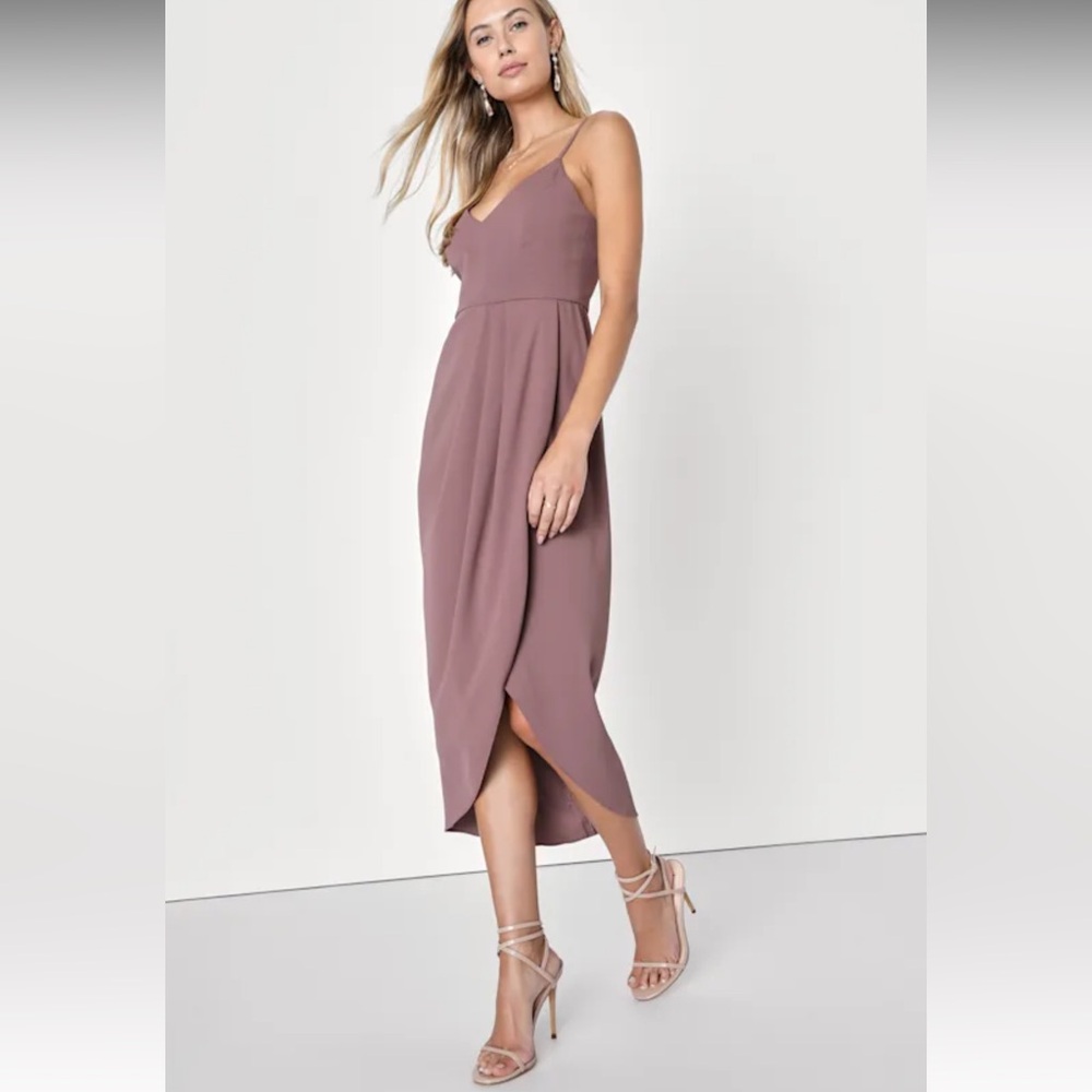 Lulus Mauve Purple Reinette Faux Wrap Silhouette Asymmetrical Midi Dress NWT M - Picture 2 of 16
